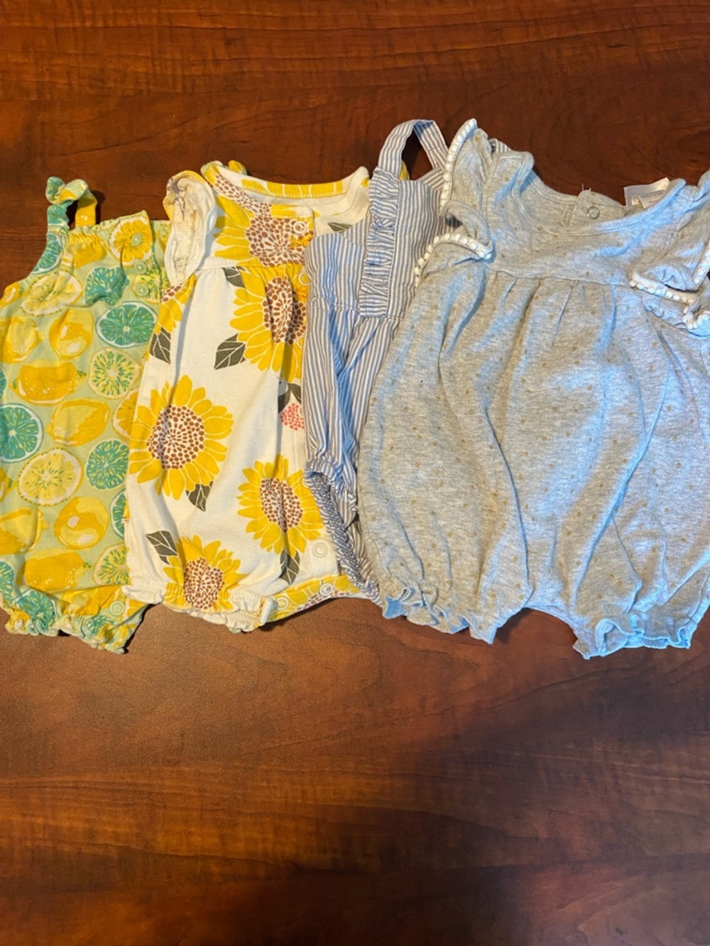Baby Girl Summer Romper Bundle - Yellow Sunflower, Lemon, Blue Stripe, Gray
